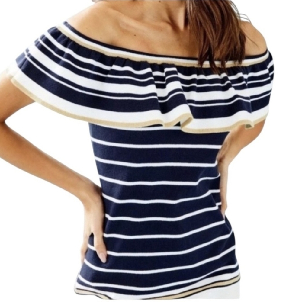 Lilly Pulitzer Top Perelle Navy Blue Nautical Stripe Off Shoulder NWT Size XL